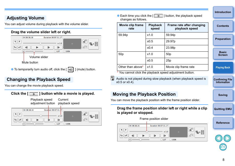 Adjusting volume, Changing the playback speed, Moving the playback position | Canon EOS-1D C User Manual | Page 8 / 25