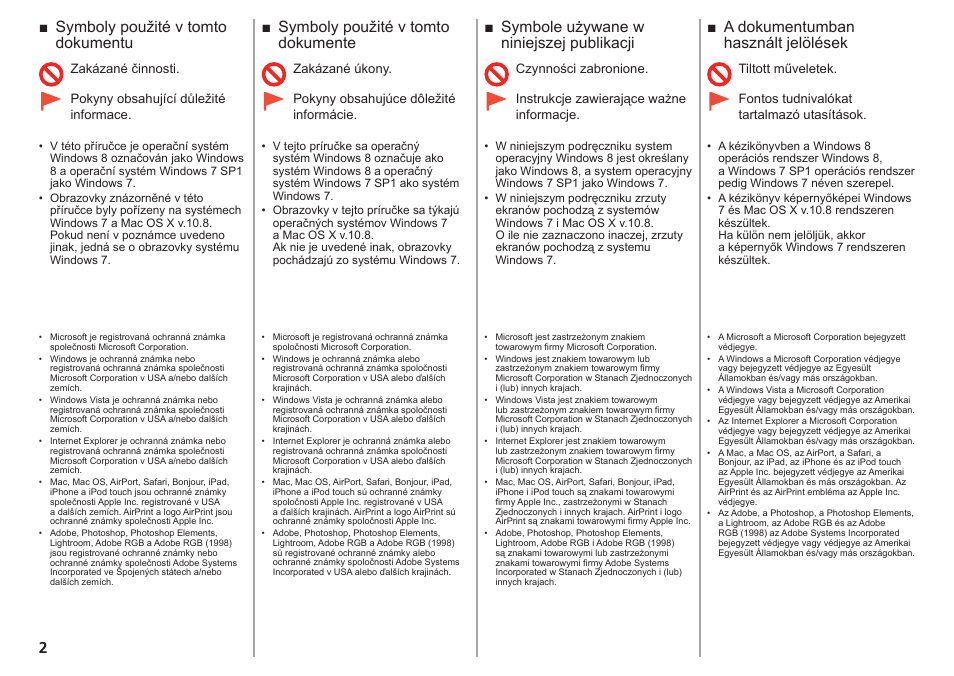 A dokumentumban használt jelölések, Symbole używane w niniejszej publikacji, Symboly použité v tomto dokumente | Symboly použité v tomto dokumentu | Canon PIXMA PRO-1 User Manual | Page 107 / 274