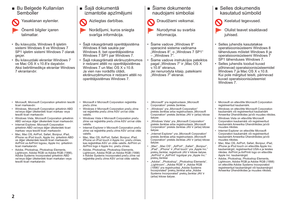 Selles dokumendis kasutatud sümbolid, Šiame dokumente naudojami simboliai, Šajā dokumentā izmantotie apzīmējumi | Bu belgede kullanılan semboller | Canon PIXMA PRO-1 User Manual | Page 175 / 274