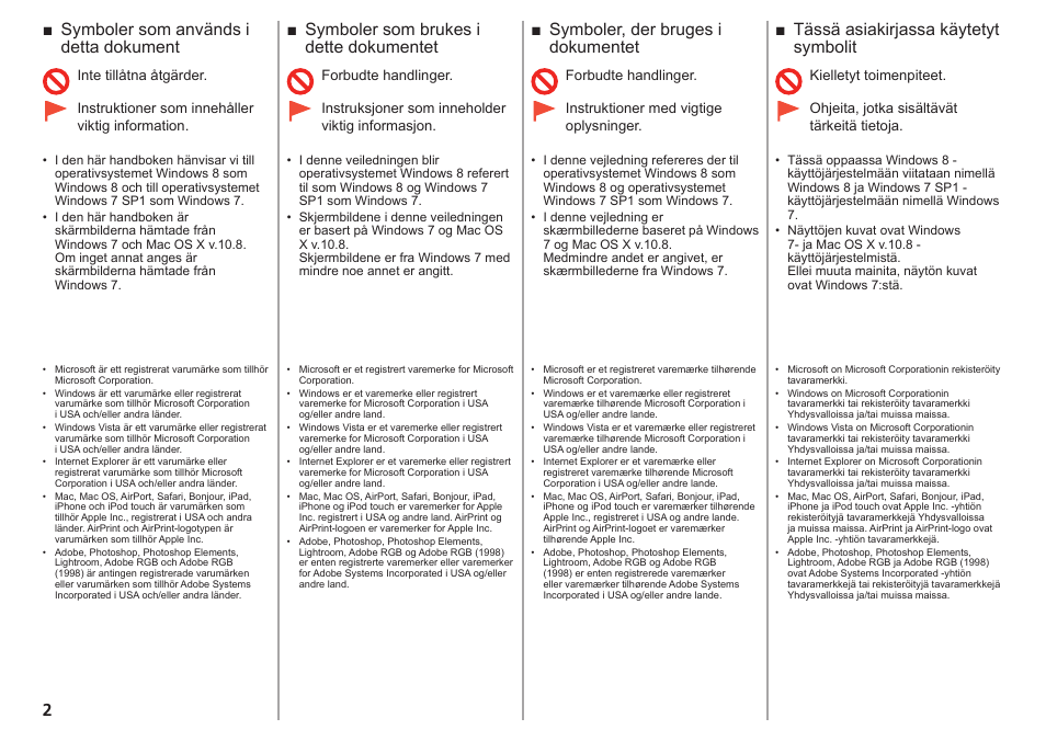 Tässä asiakirjassa käytetyt symbolit, Symboler, der bruges i dokumentet, Symboler som brukes i dette dokumentet | Symboler som används i detta dokument | Canon PIXMA PRO-1 User Manual | Page 73 / 274