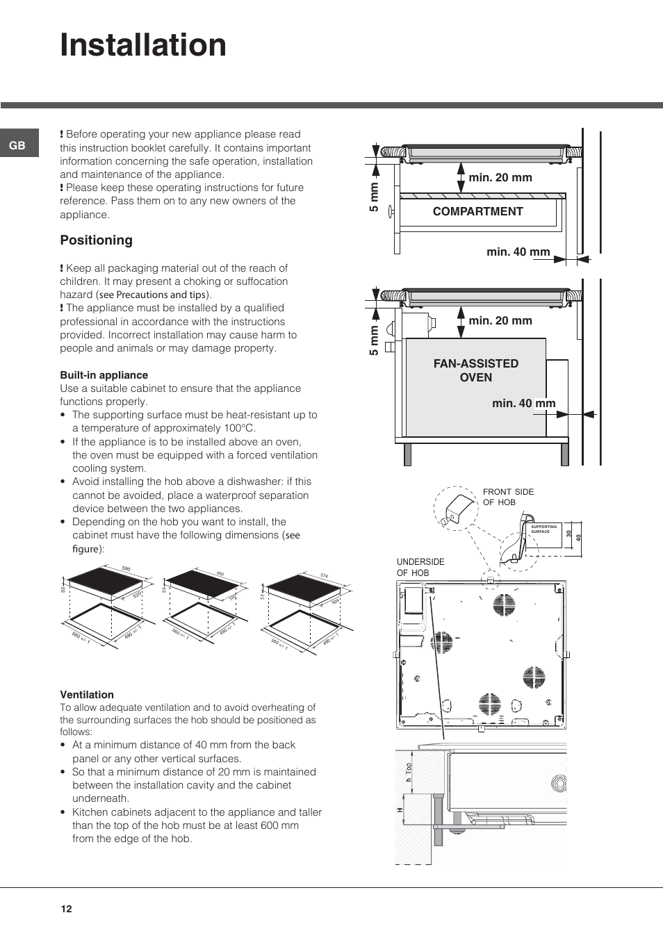 Bez nazwy-2, Installation, Positioning | Hotpoint Ariston KIC 644 X User Manual | Page 12 / 84