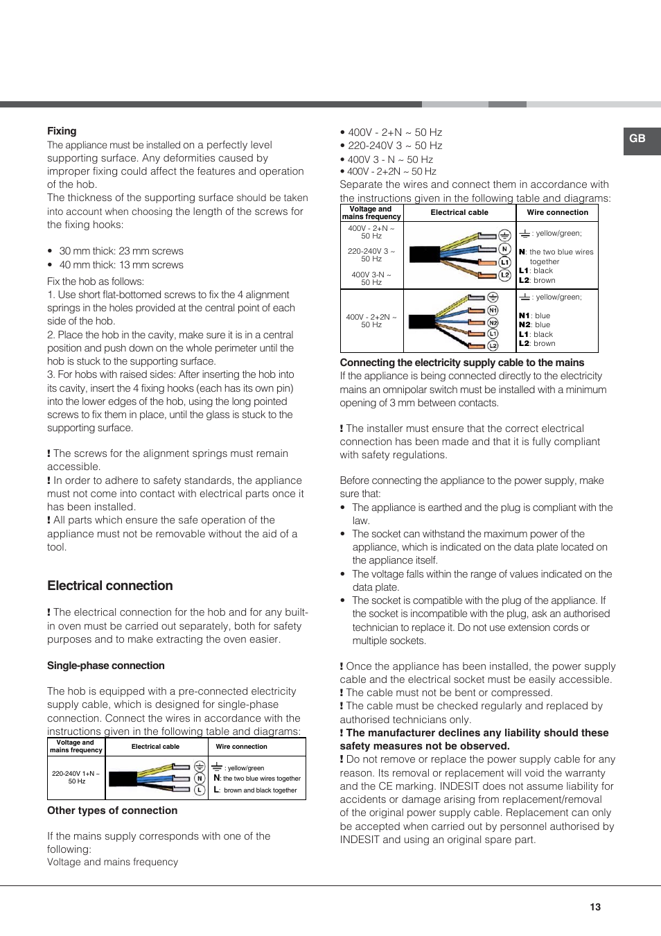 Electrical connection | Hotpoint Ariston KIC 644 X User Manual | Page 13 / 84