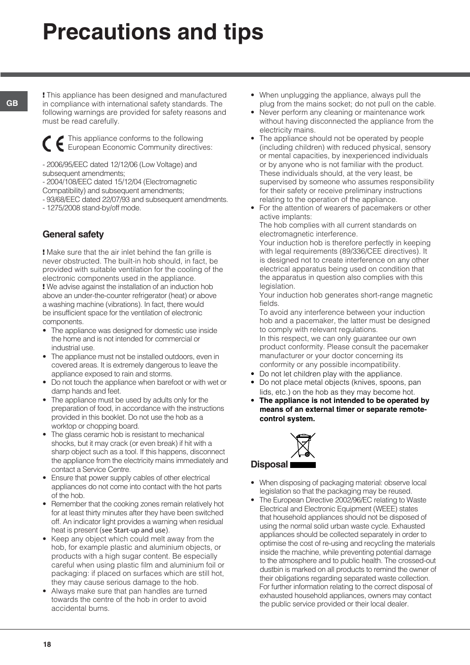 Precautions and tips, General safety, Disposal | Hotpoint Ariston KIC 644 X User Manual | Page 18 / 84