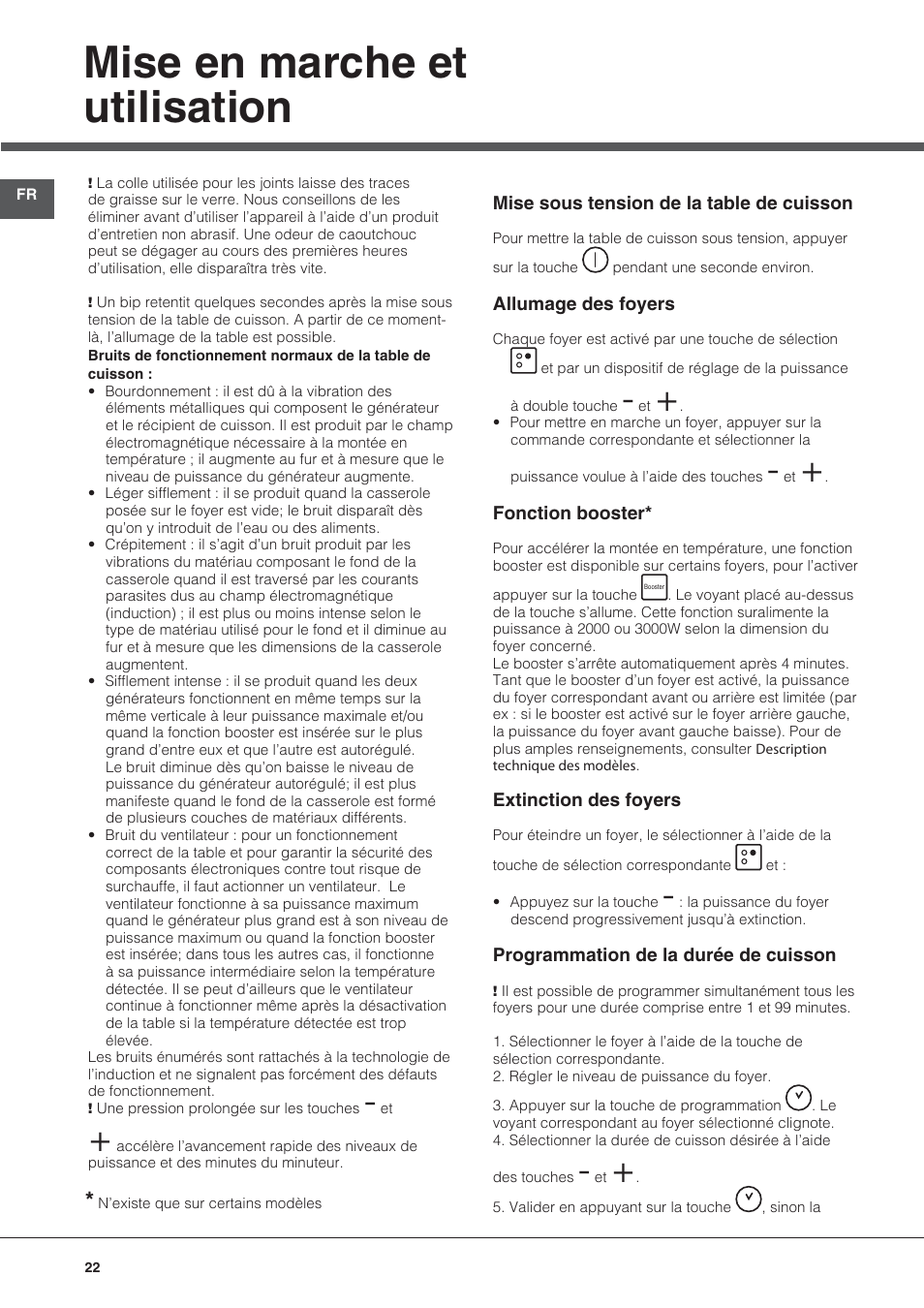 Mise en marche et utilisation | Hotpoint Ariston KIC 644 X User Manual | Page 22 / 84