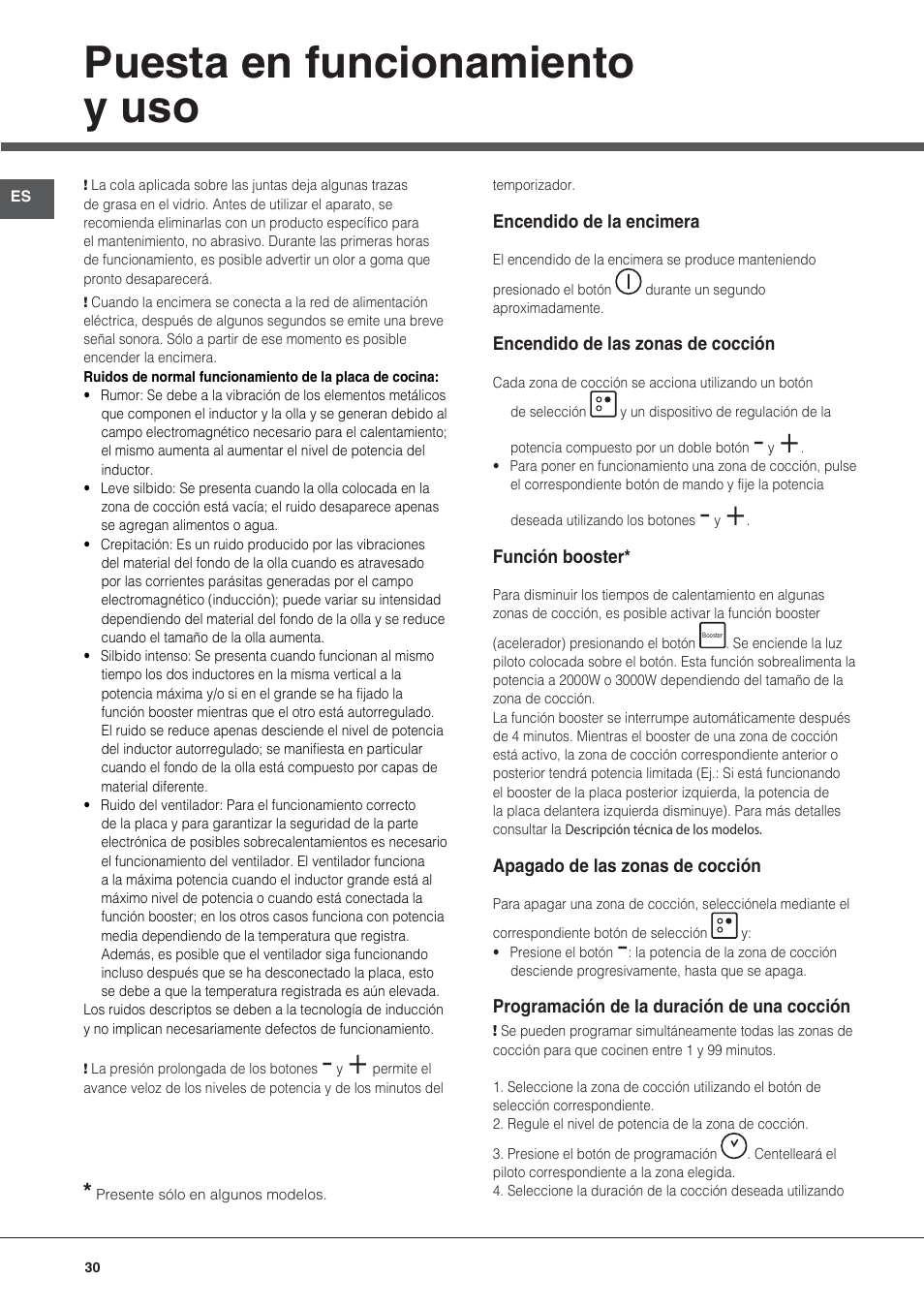 Puesta en funcionamiento y uso | Hotpoint Ariston KIC 644 X User Manual | Page 30 / 84