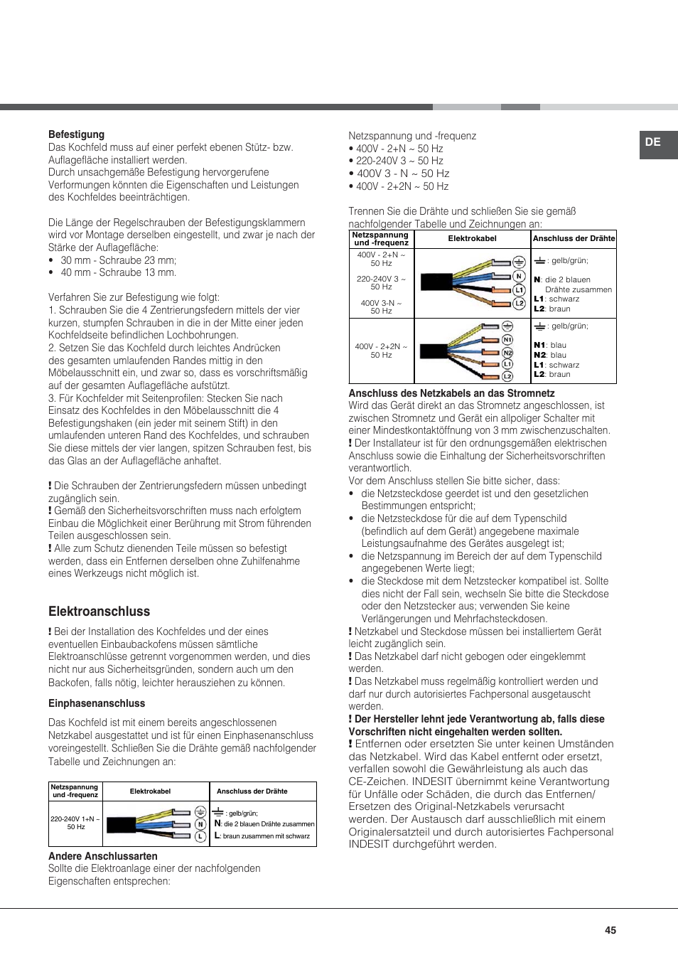 Elektroanschluss | Hotpoint Ariston KIC 644 X User Manual | Page 45 / 84