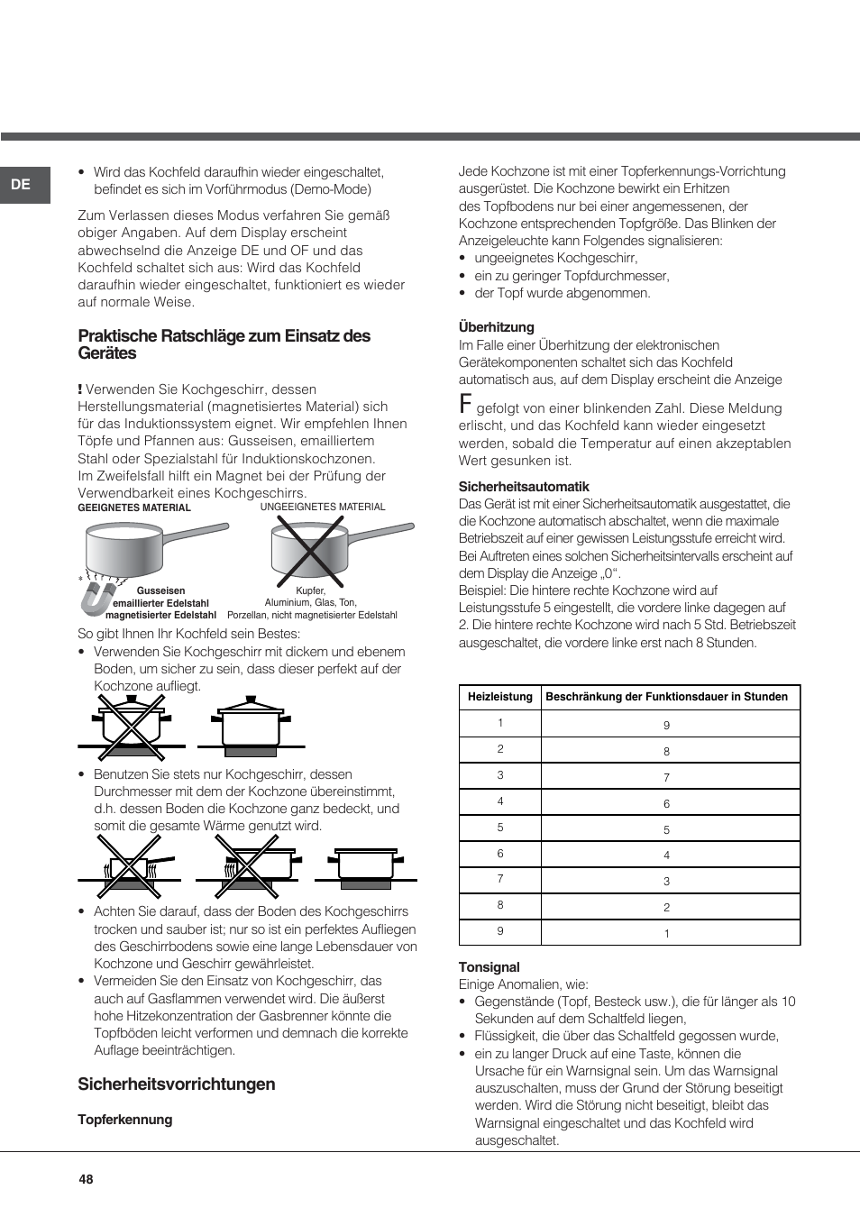 Praktische ratschläge zum einsatz des gerätes, Sicherheitsvorrichtungen | Hotpoint Ariston KIC 644 X User Manual | Page 48 / 84