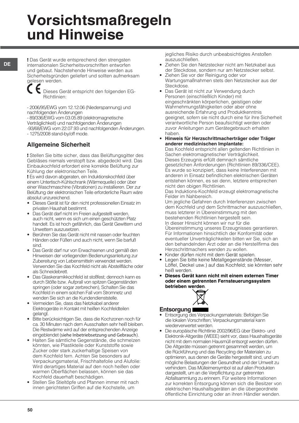 Vorsichtsmaßregeln und hinweise, Allgemeine sicherheit, Entsorgung | Hotpoint Ariston KIC 644 X User Manual | Page 50 / 84