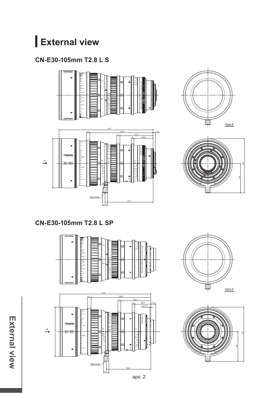 External view, Ex te rn al v iew, Apx. 2 | Canon CN-E30-105mm T2.8 L SSP User Manual | Page 41 / 43