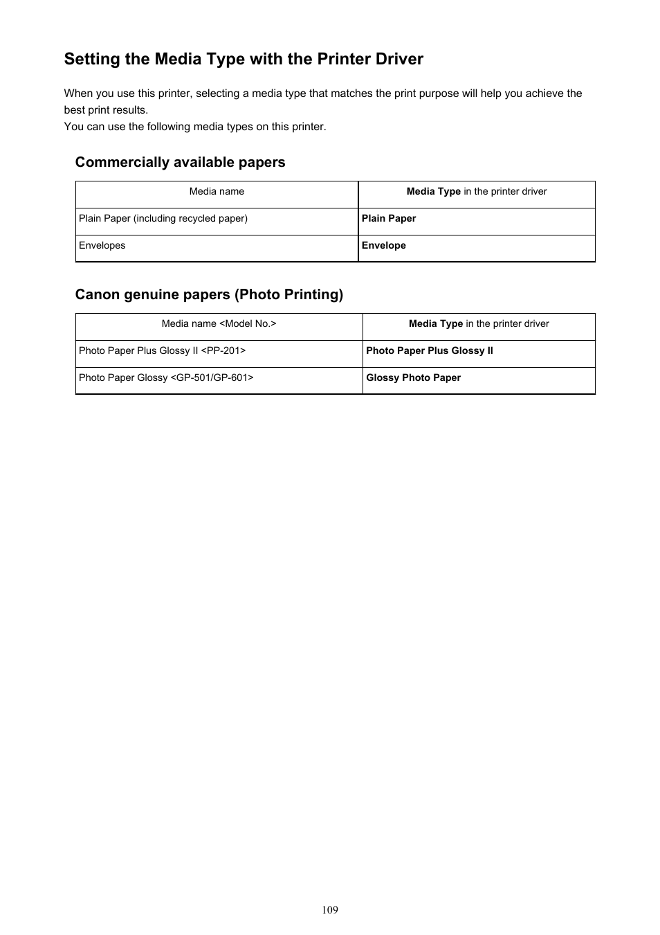 Setting the media type with the printer driver, Commercially available papers, Canon genuine papers (photo printing) | Canon PIXMA iP2850 User Manual | Page 109 / 246