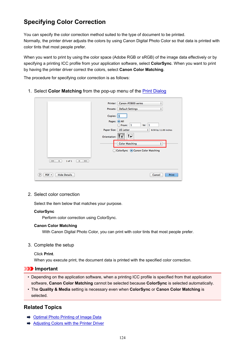 Specifying color correction | Canon PIXMA iP2850 User Manual | Page 124 / 246