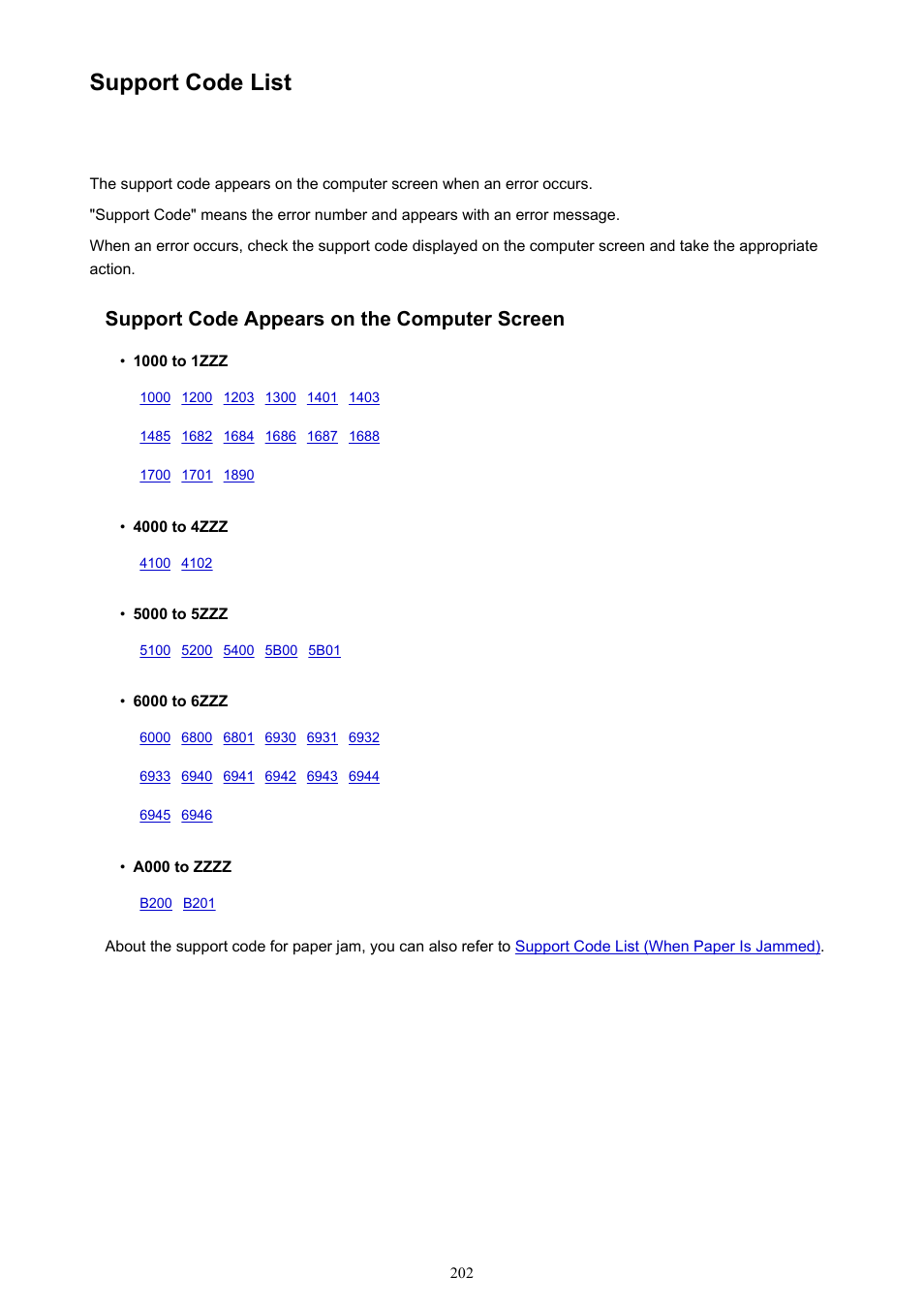 Support code list, Support code appears on the computer screen | Canon PIXMA iP2850 User Manual | Page 202 / 246