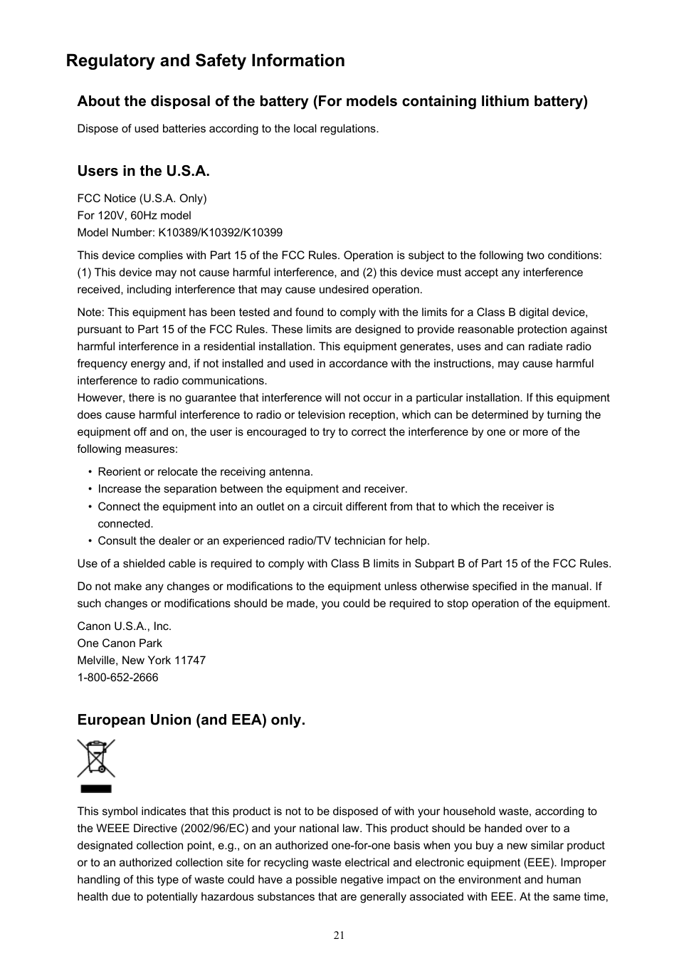 Regulatory and safety information | Canon PIXMA iP2850 User Manual | Page 21 / 246