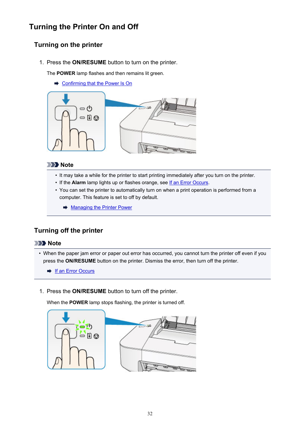 Turning the printer on and off | Canon PIXMA iP2850 User Manual | Page 32 / 246