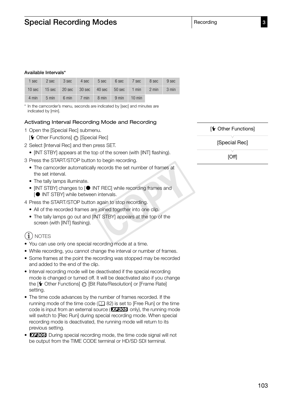 Cop y, Special recording modes | Canon XF305 User Manual | Page 103 / 206