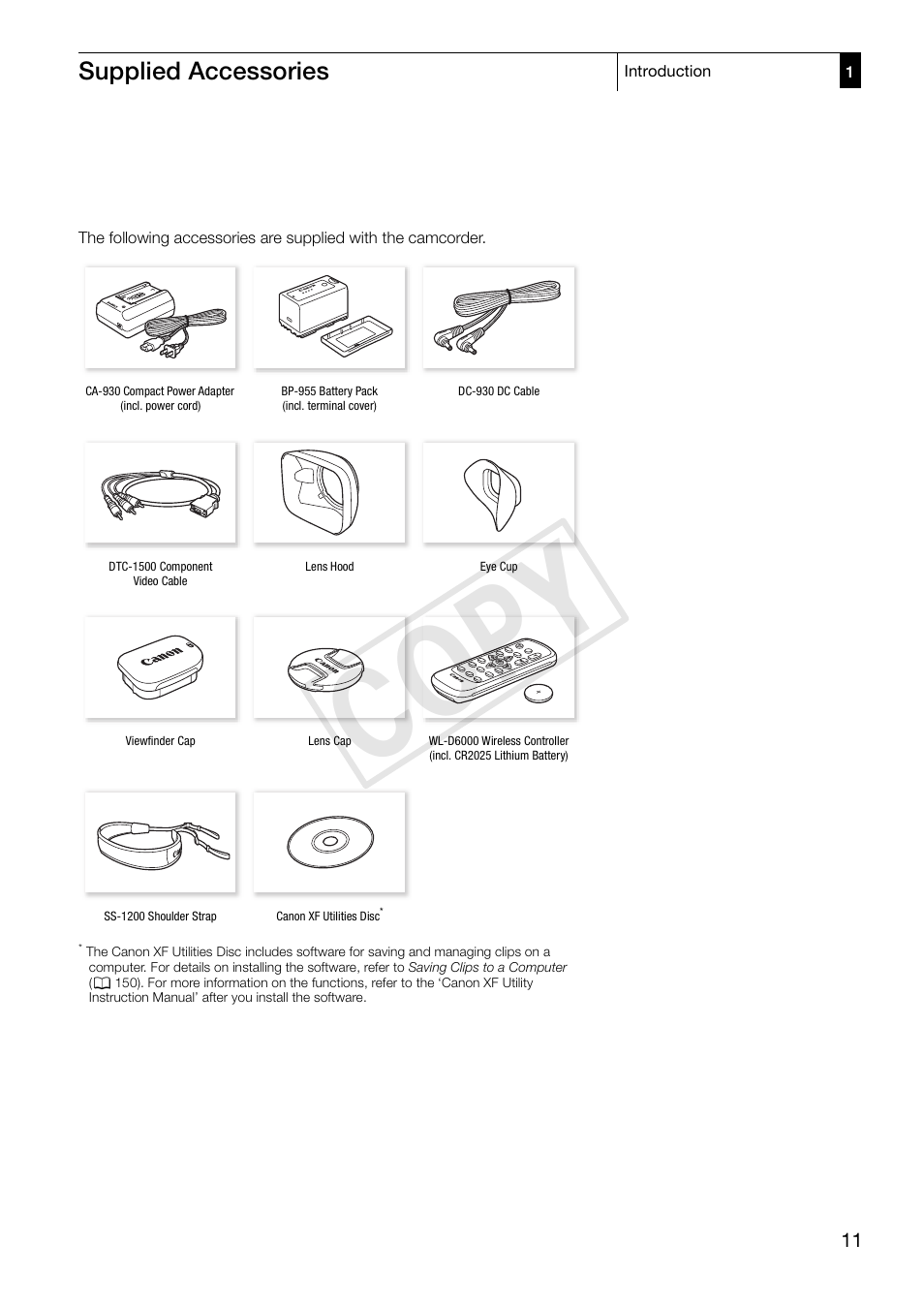 Supplied accessories 11, Cop y, Supplied accessories | Canon XF305 User Manual | Page 11 / 206