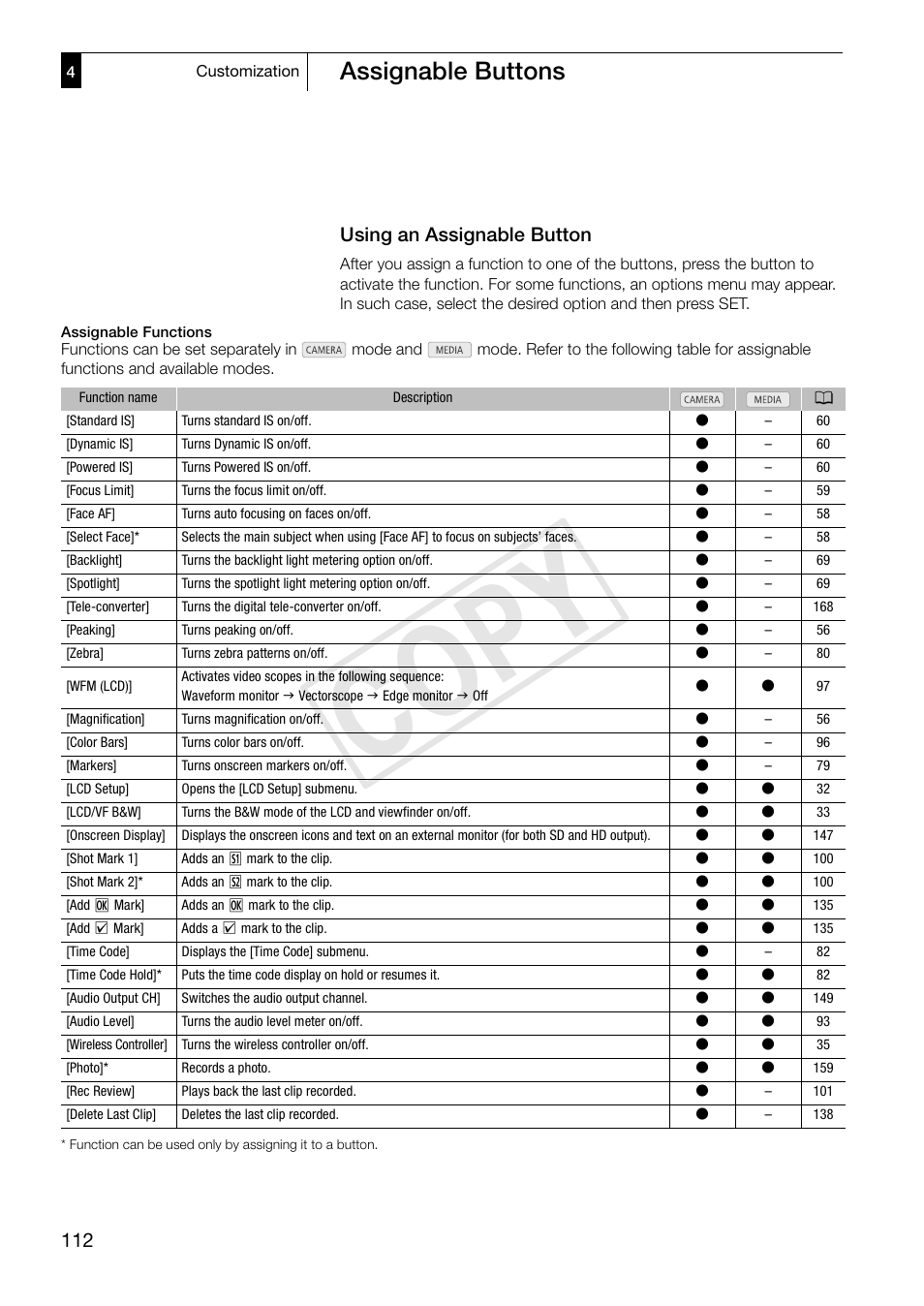 Using an assignable button 112, Cop y, Assignable buttons | Using an assignable button | Canon XF305 User Manual | Page 112 / 206
