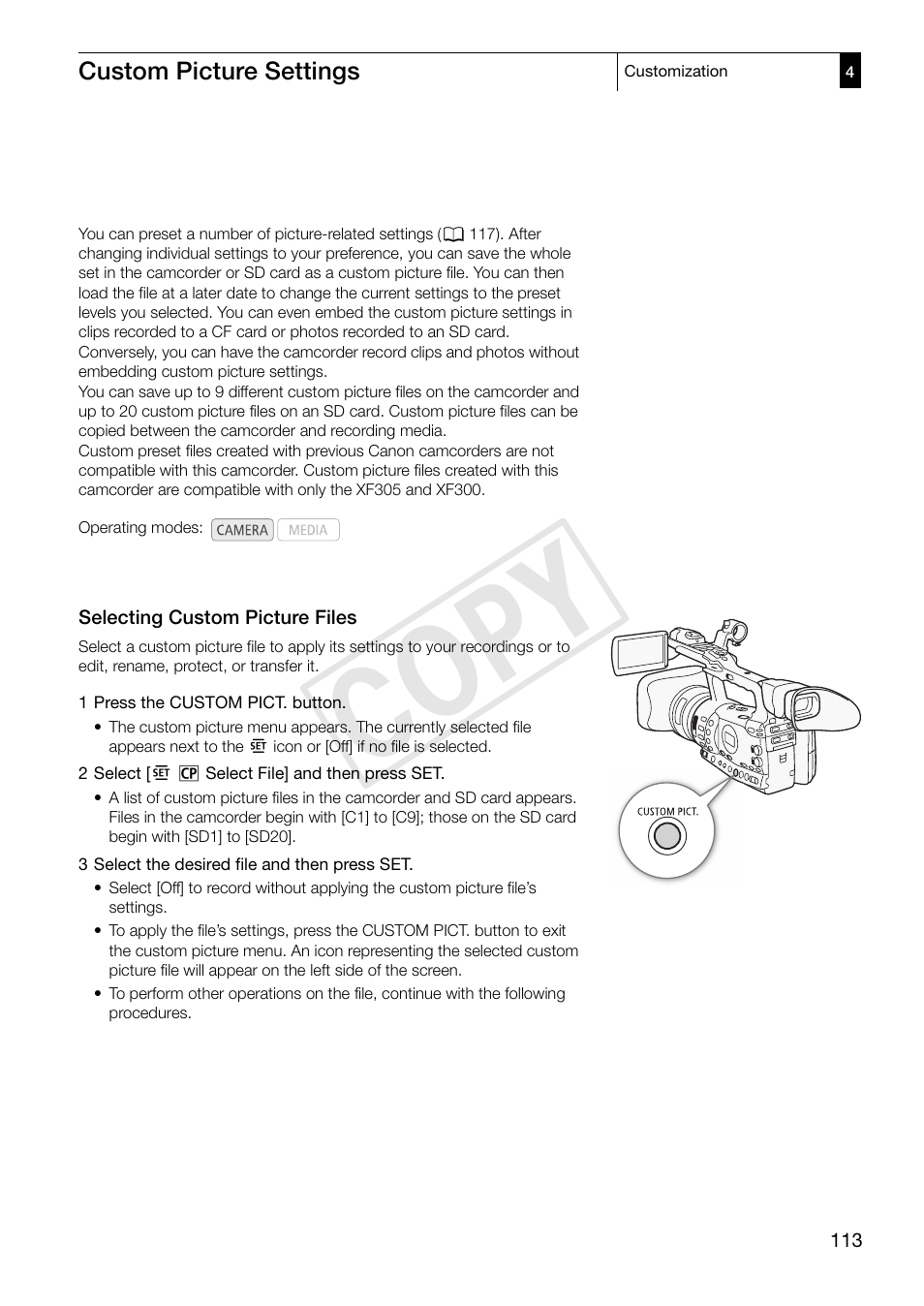 113), yo, Custom picture settings 113, Selecting custom picture files 113 | 113) an, Cop y | Canon XF305 User Manual | Page 113 / 206