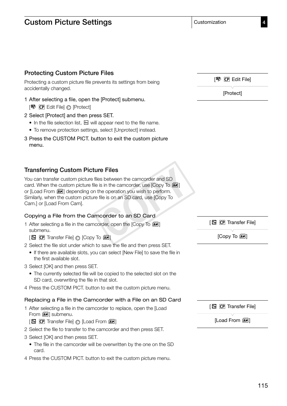 Cop y, Custom picture settings | Canon XF305 User Manual | Page 115 / 206