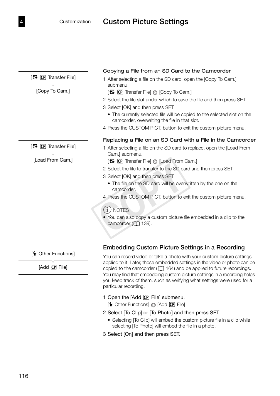 Embedding custom picture settings in a, Recording 116, Cop y | Custom picture settings | Canon XF305 User Manual | Page 116 / 206