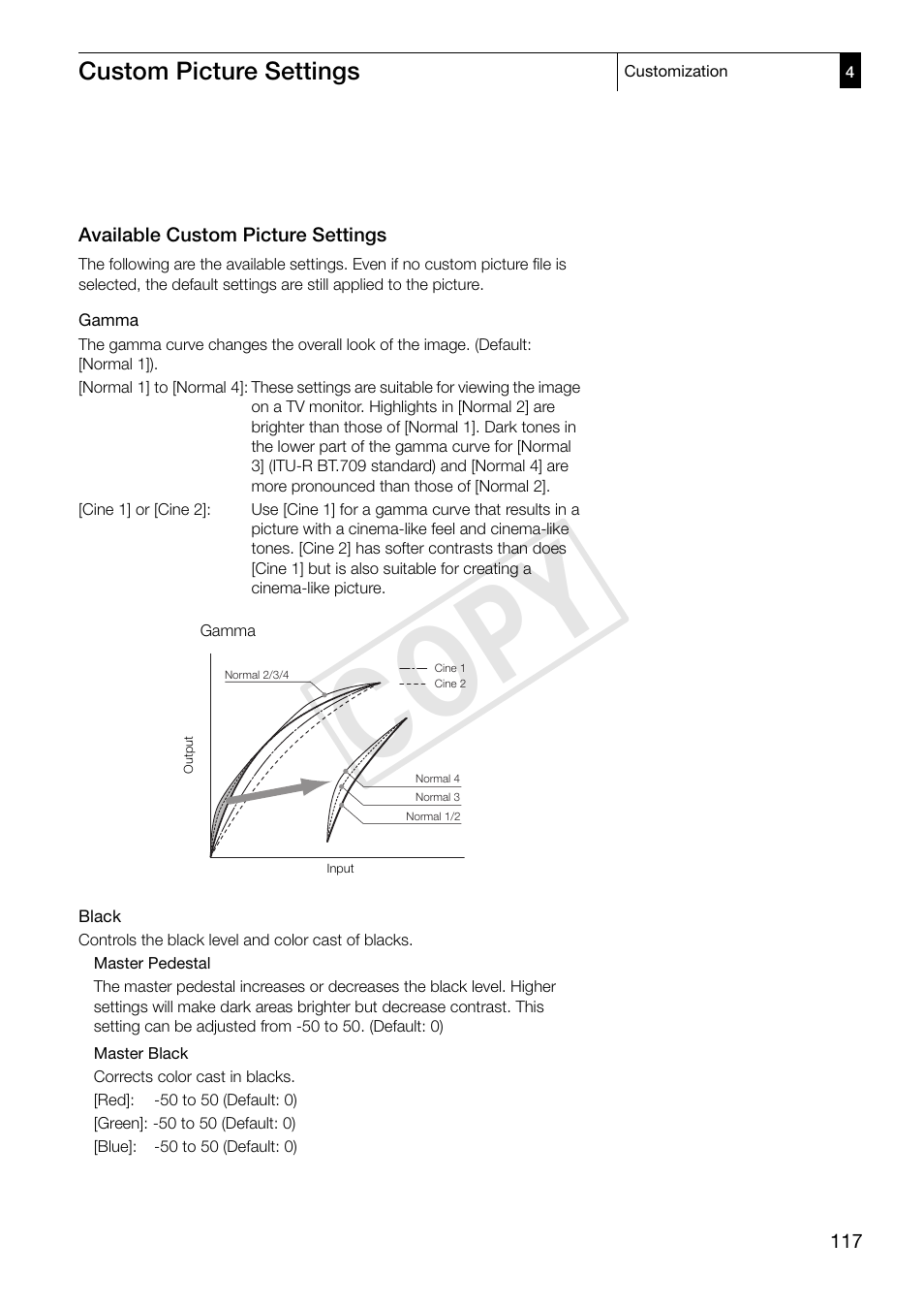 Available custom picture settings 117, Cop y, Custom picture settings | Canon XF305 User Manual | Page 117 / 206