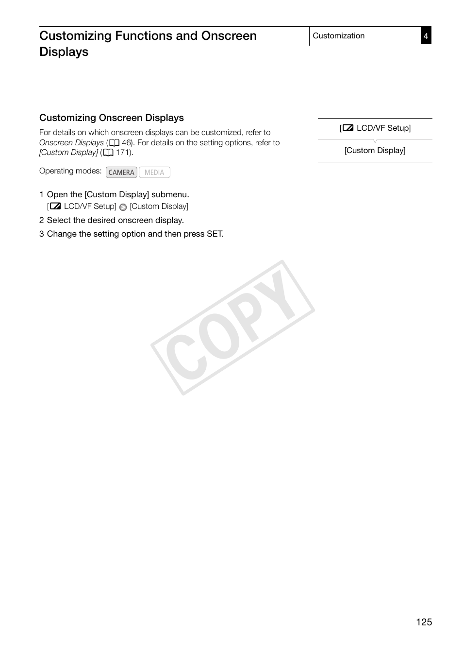 Customizing onscreen displays 125, Cop y | Canon XF305 User Manual | Page 125 / 206