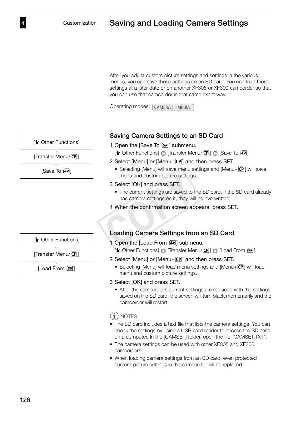 Saving and loading camera settings 126, Cop y, Saving and loading camera settings | Canon XF305 User Manual | Page 126 / 206