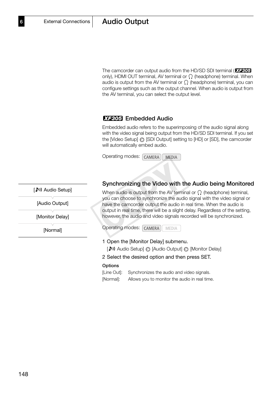 Audio output 148, Monitored 148, Cop y | Canon XF305 User Manual | Page 148 / 206