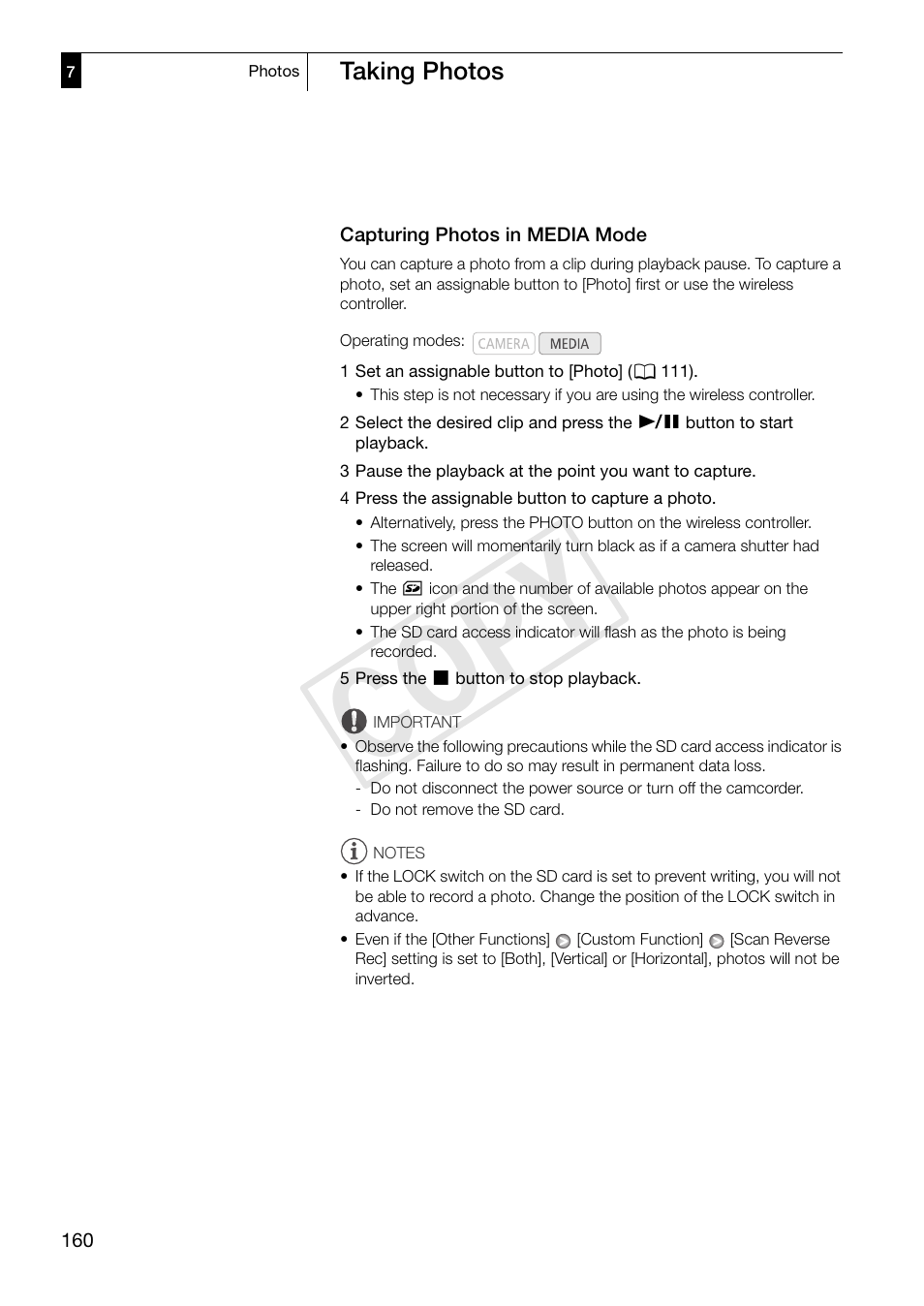 Capturing photos in media mode 160, Cop y | Canon XF305 User Manual | Page 160 / 206