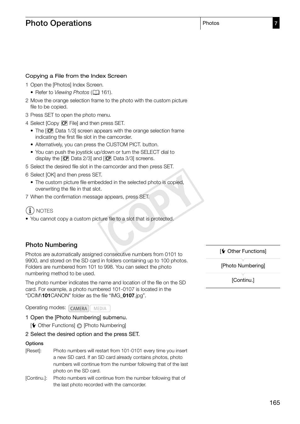 Photo numbering 165, Cop y, Photo operations | Canon XF305 User Manual | Page 165 / 206