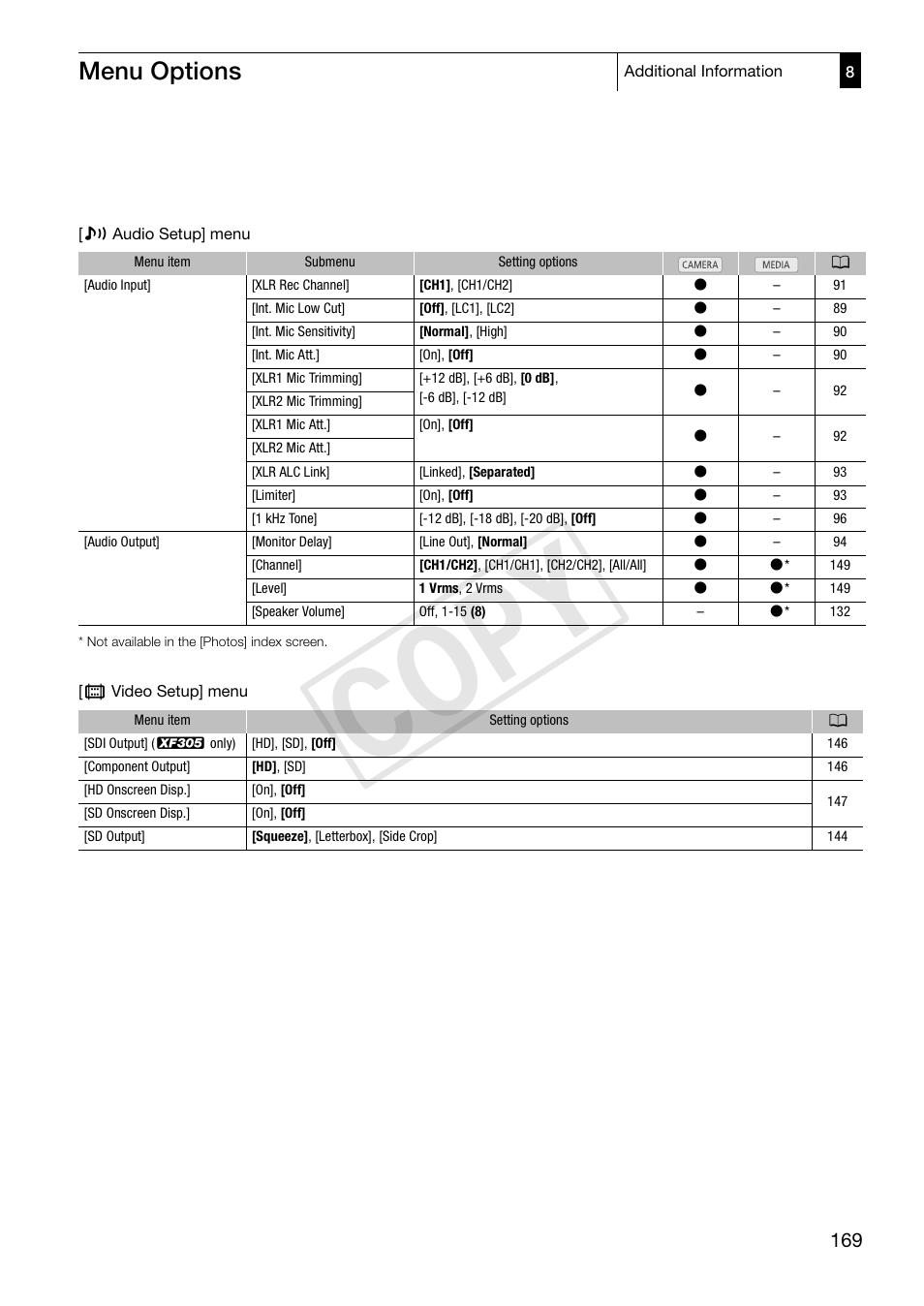 Cop y, Menu options | Canon XF305 User Manual | Page 169 / 206