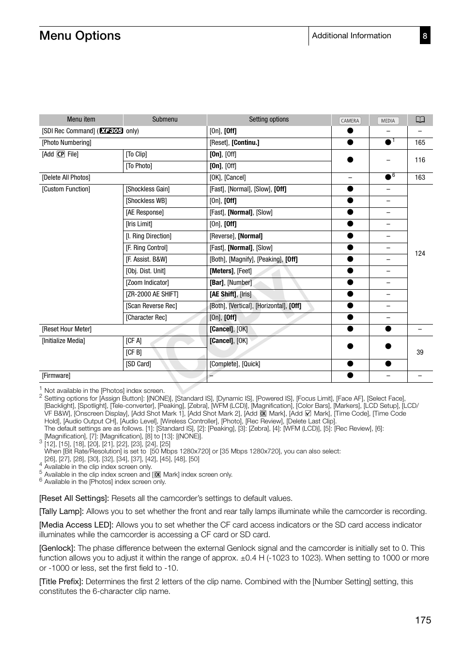 Cop y, Menu options | Canon XF305 User Manual | Page 175 / 206