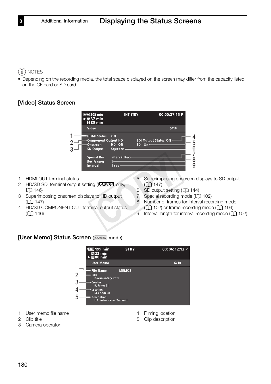 Cop y, Displaying the status screens | Canon XF305 User Manual | Page 180 / 206