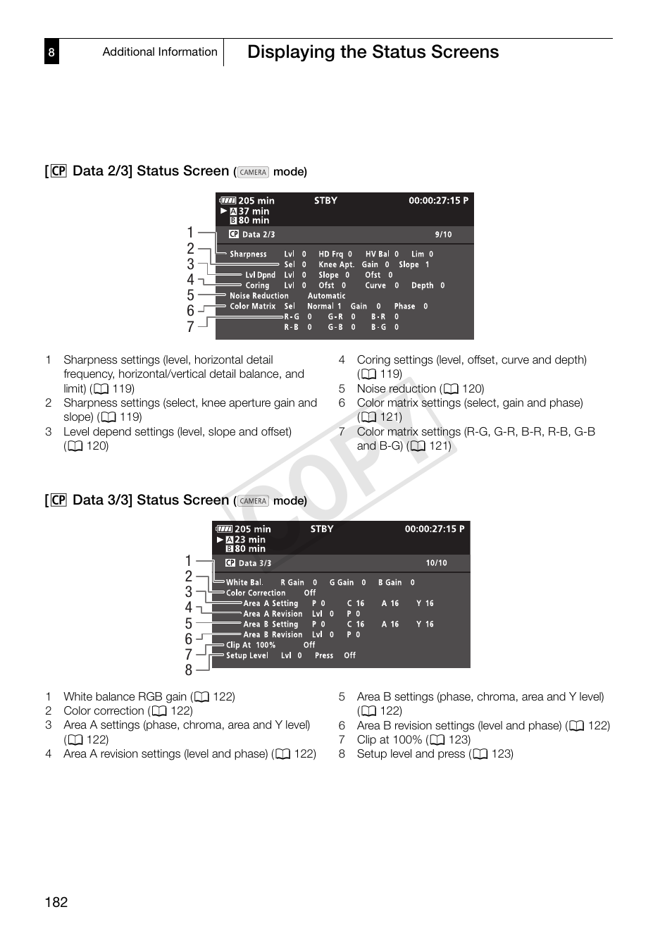 Cop y, Displaying the status screens | Canon XF305 User Manual | Page 182 / 206