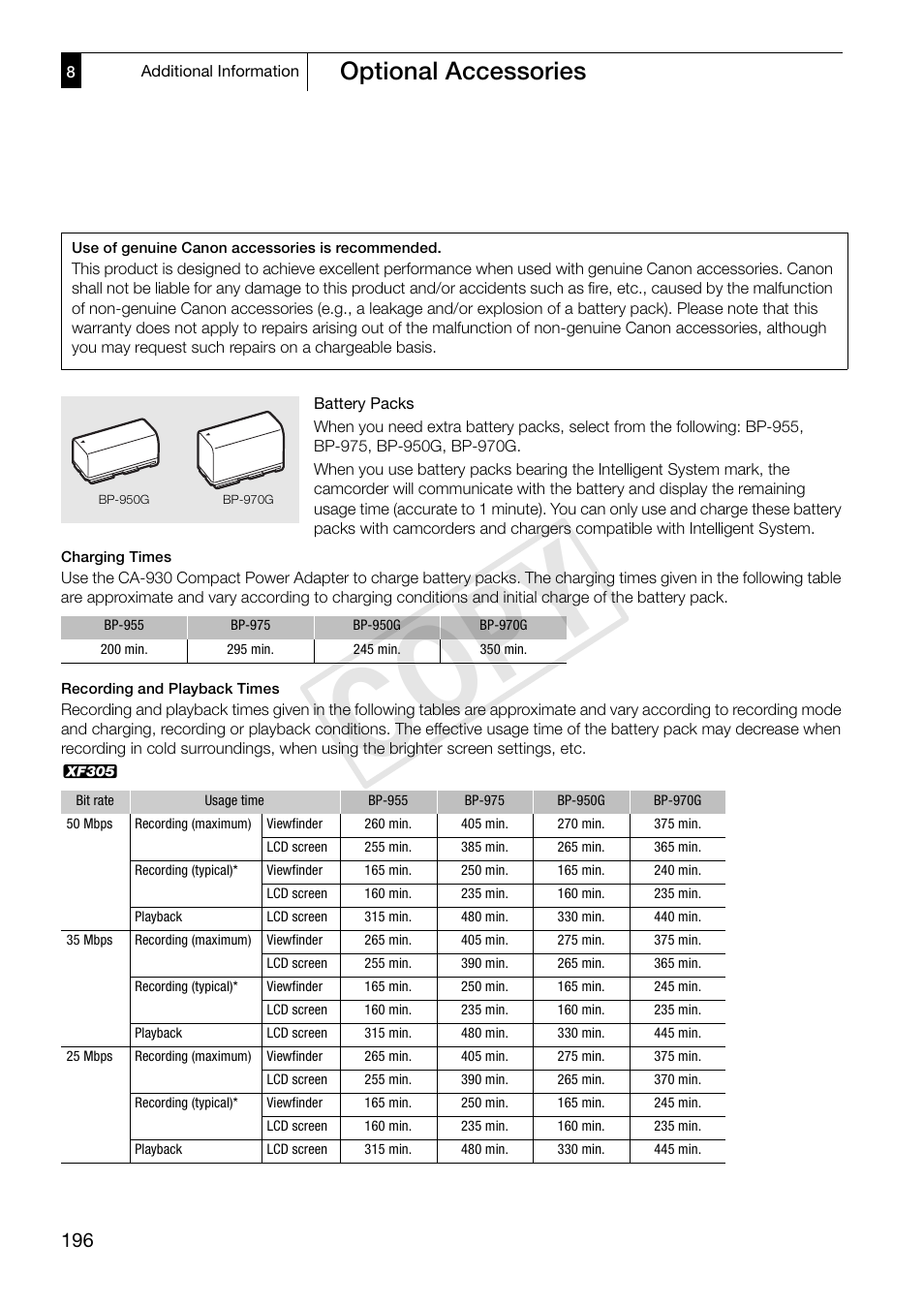 Cop y, Optional accessories | Canon XF305 User Manual | Page 196 / 206