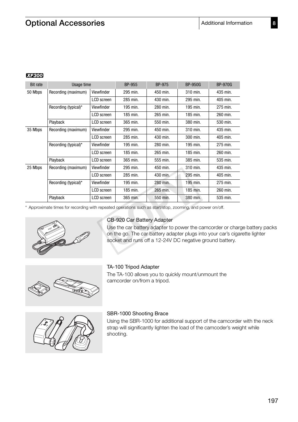 Cop y, Optional accessories | Canon XF305 User Manual | Page 197 / 206