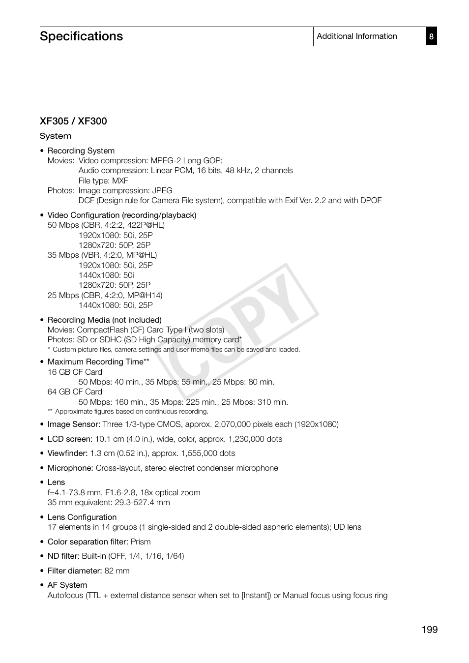 Specifications 199, Cop y, Specifications | Canon XF305 User Manual | Page 199 / 206