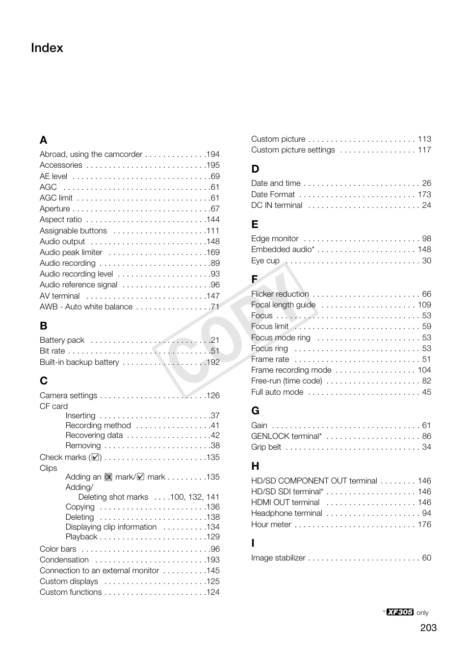 Index 203, C op y | Canon XF305 User Manual | Page 203 / 206