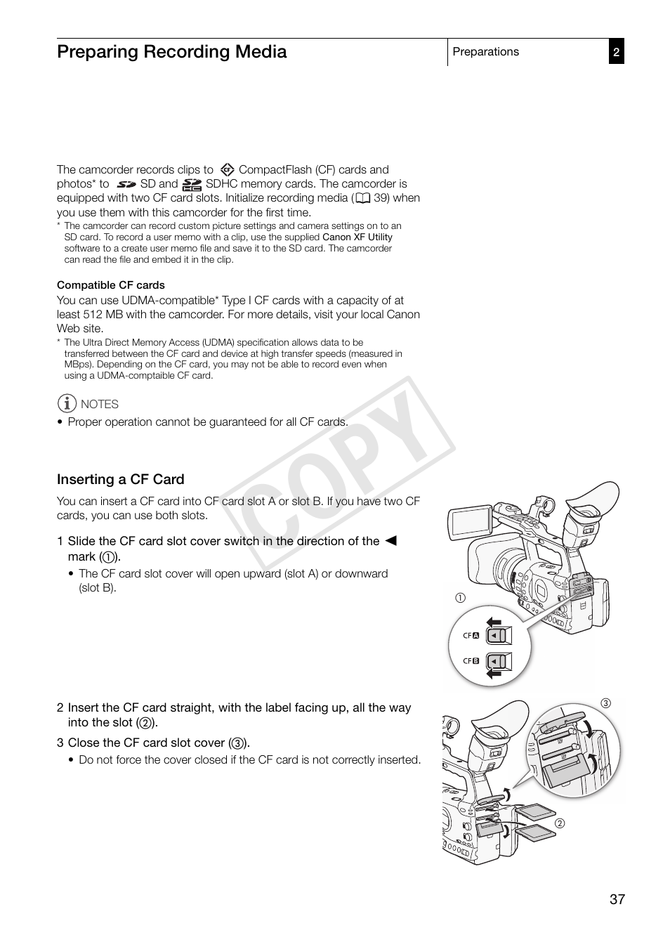 Preparing recording media 37, Inserting a cf card 37, Cop y | Preparing recording media | Canon XF305 User Manual | Page 37 / 206