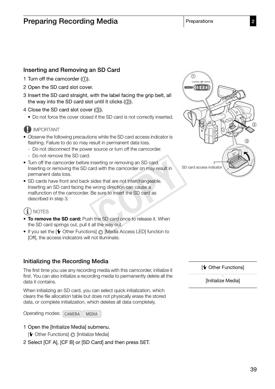 Cop y, Preparing recording media | Canon XF305 User Manual | Page 39 / 206