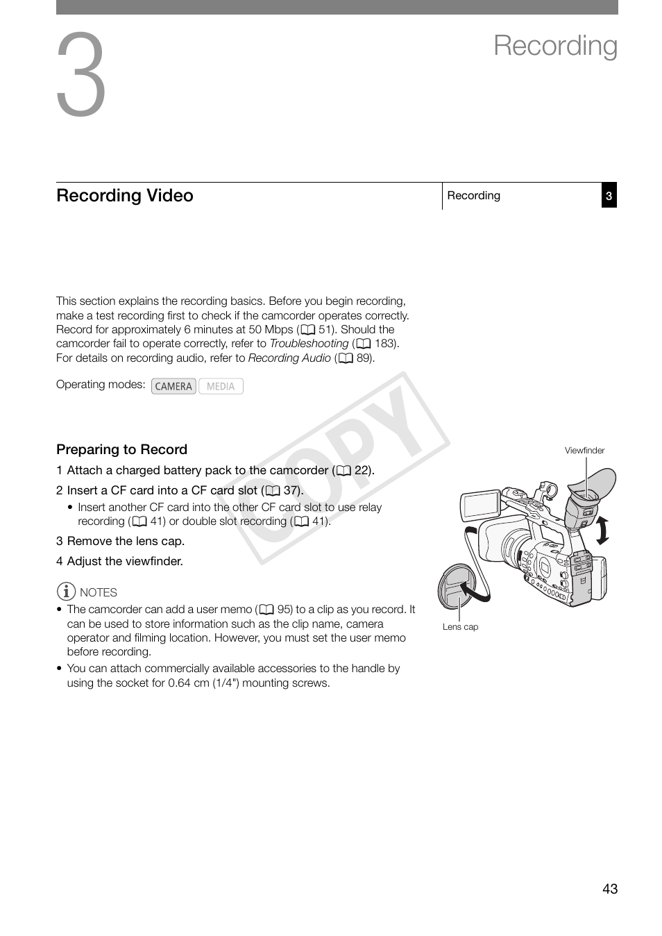 Recording 43, Recording video 43, Preparing to record 43 | Cop y, Recording | Canon XF305 User Manual | Page 43 / 206