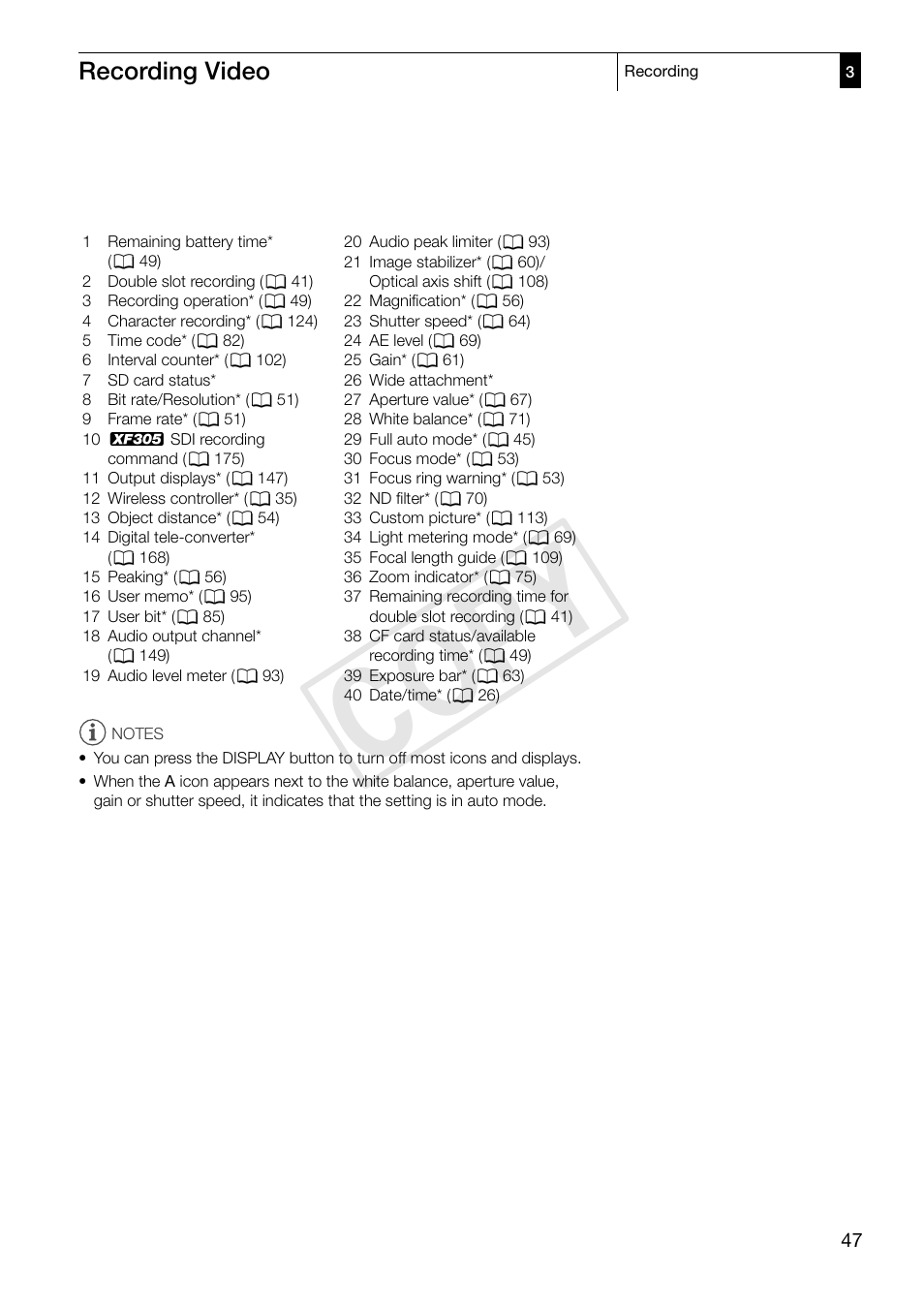 C op y, Recording video | Canon XF305 User Manual | Page 47 / 206