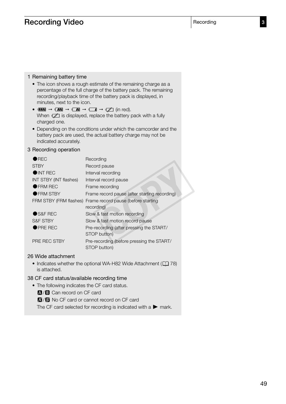 Cop y, Recording video | Canon XF305 User Manual | Page 49 / 206