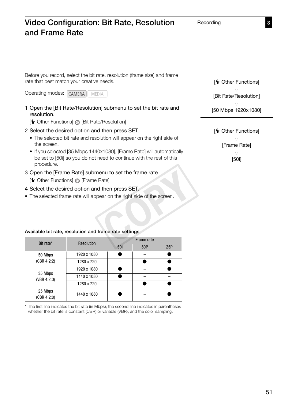 Video configuration: bit rate, resolution and, Frame rate 51, 51). s | Cop y | Canon XF305 User Manual | Page 51 / 206