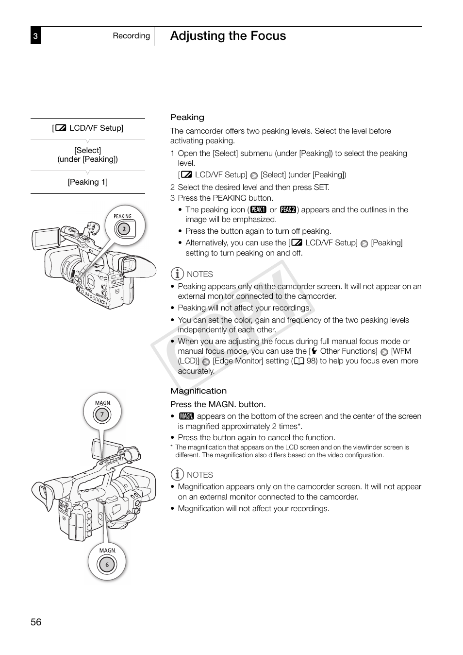 56)/a, Cop y, Adjusting the focus | Canon XF305 User Manual | Page 56 / 206