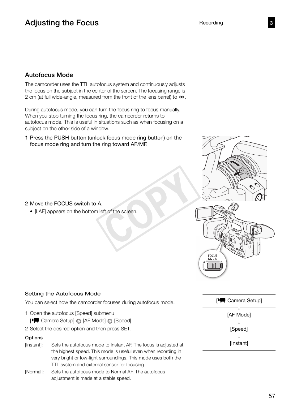 Autofocus mode 57, Cop y | Canon XF305 User Manual | Page 57 / 206