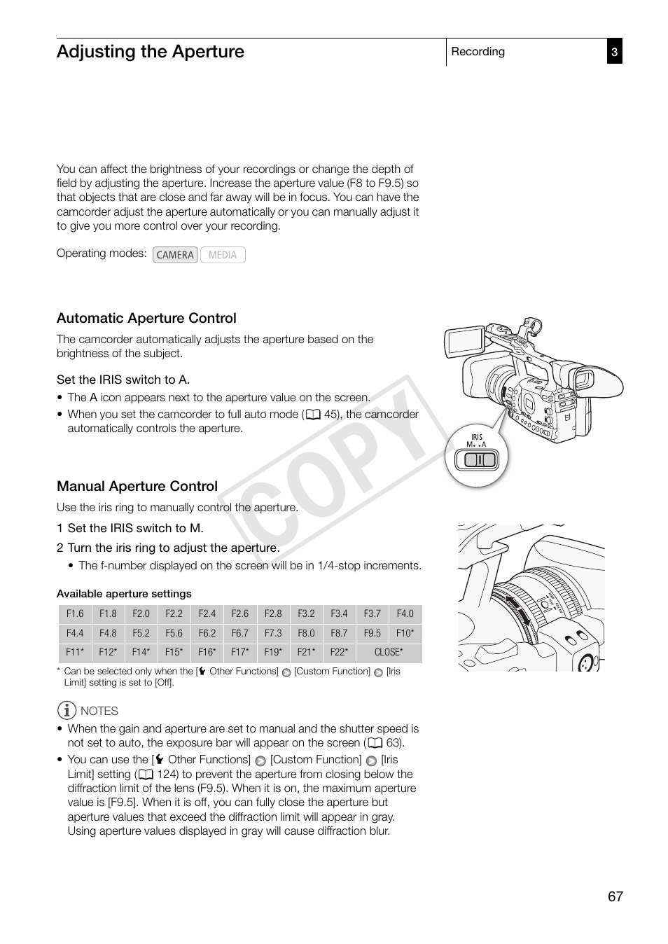 Adjusting the aperture 67, Cop y, Adjusting the aperture | Canon XF305 User Manual | Page 67 / 206