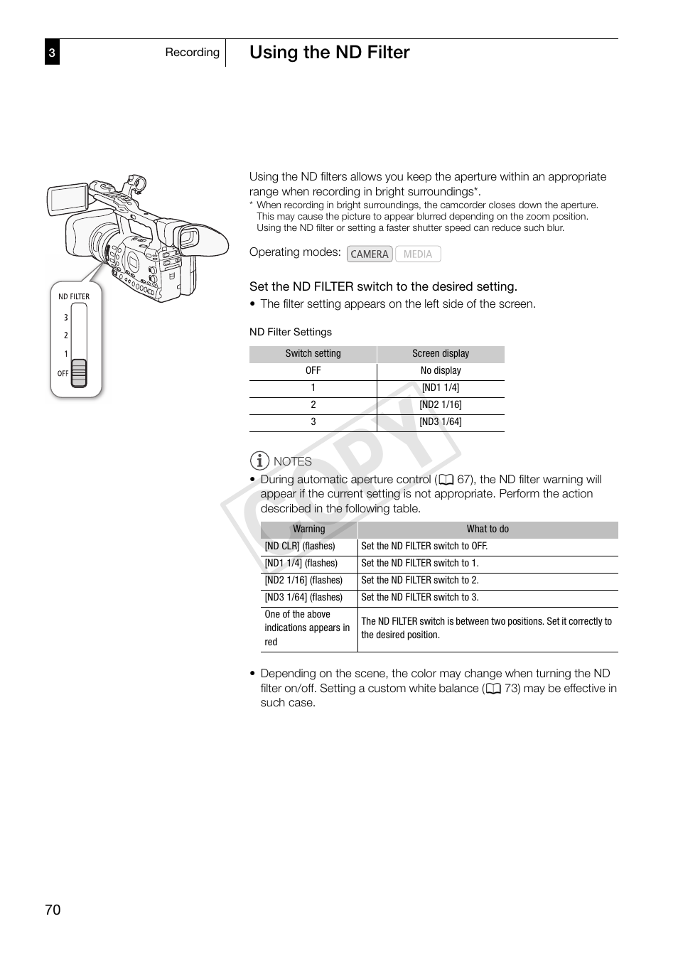 Using the nd filter 70, Cop y, Using the nd filter | Canon XF305 User Manual | Page 70 / 206