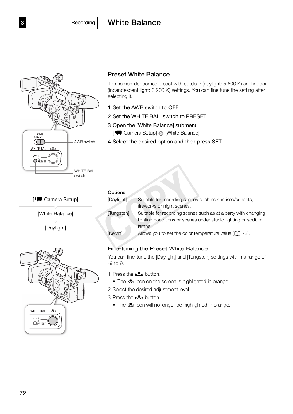Preset white balance 72, Cop y | Canon XF305 User Manual | Page 72 / 206