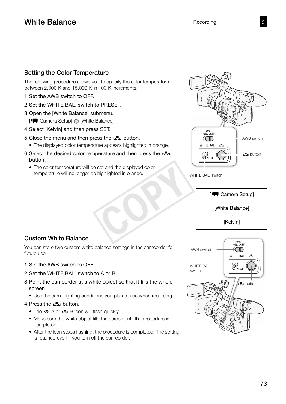 Cop y, White balance | Canon XF305 User Manual | Page 73 / 206